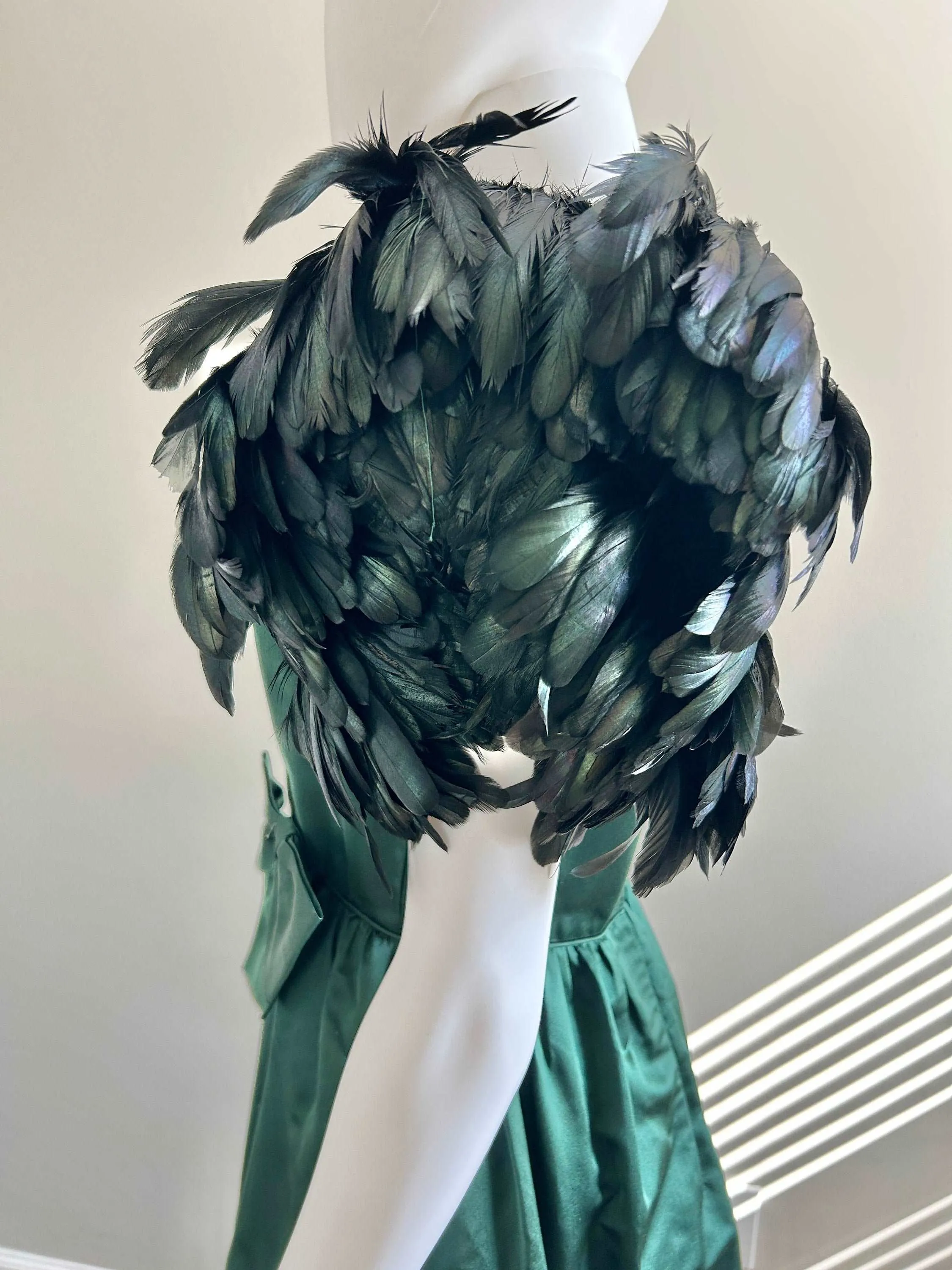 1970s Vintage Couture Green Satin Dress with Feathers / 70s formal dress / 70s Christmas dress / Size S