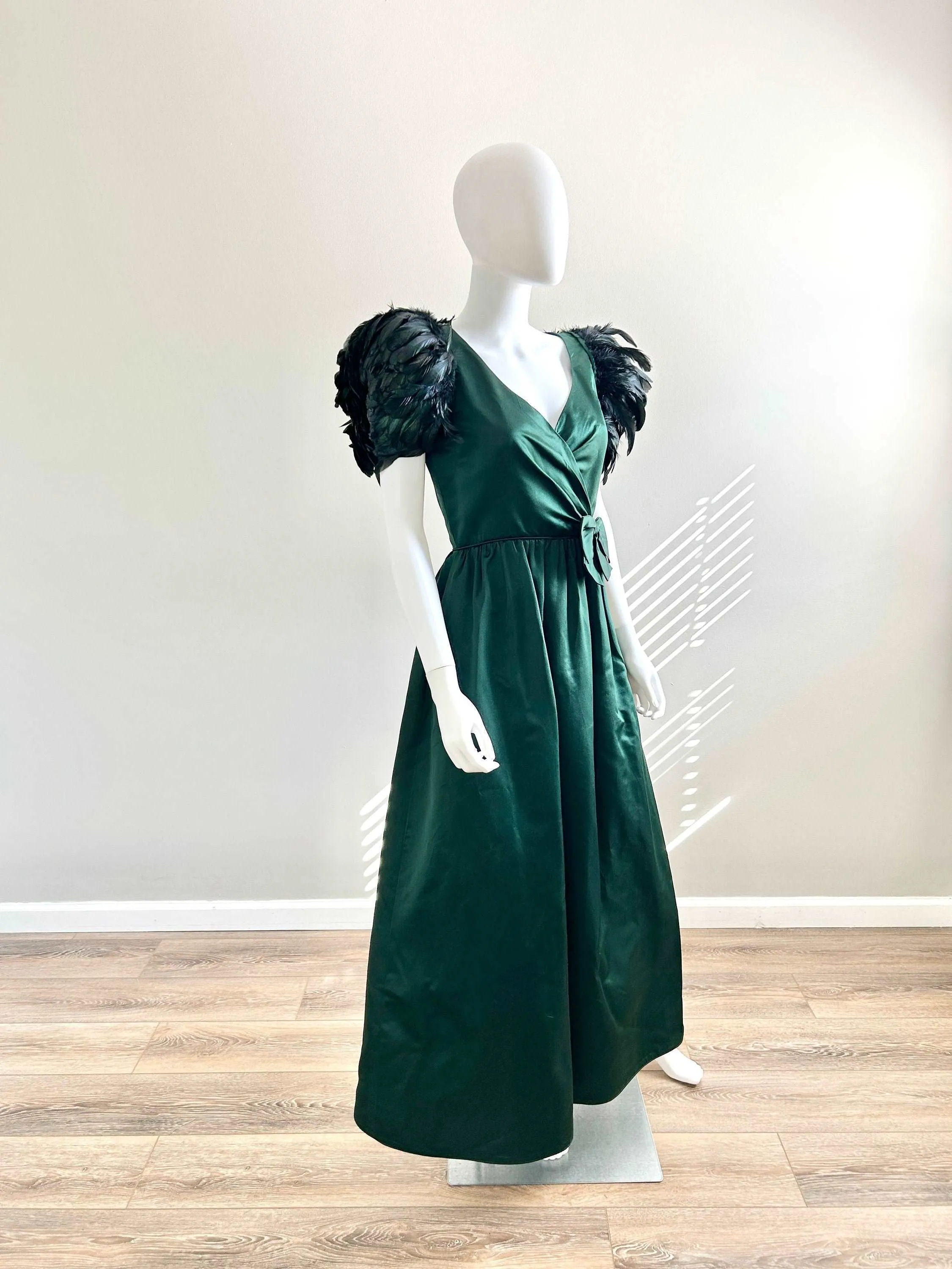 1970s Vintage Couture Green Satin Dress with Feathers / 70s formal dress / 70s Christmas dress / Size S