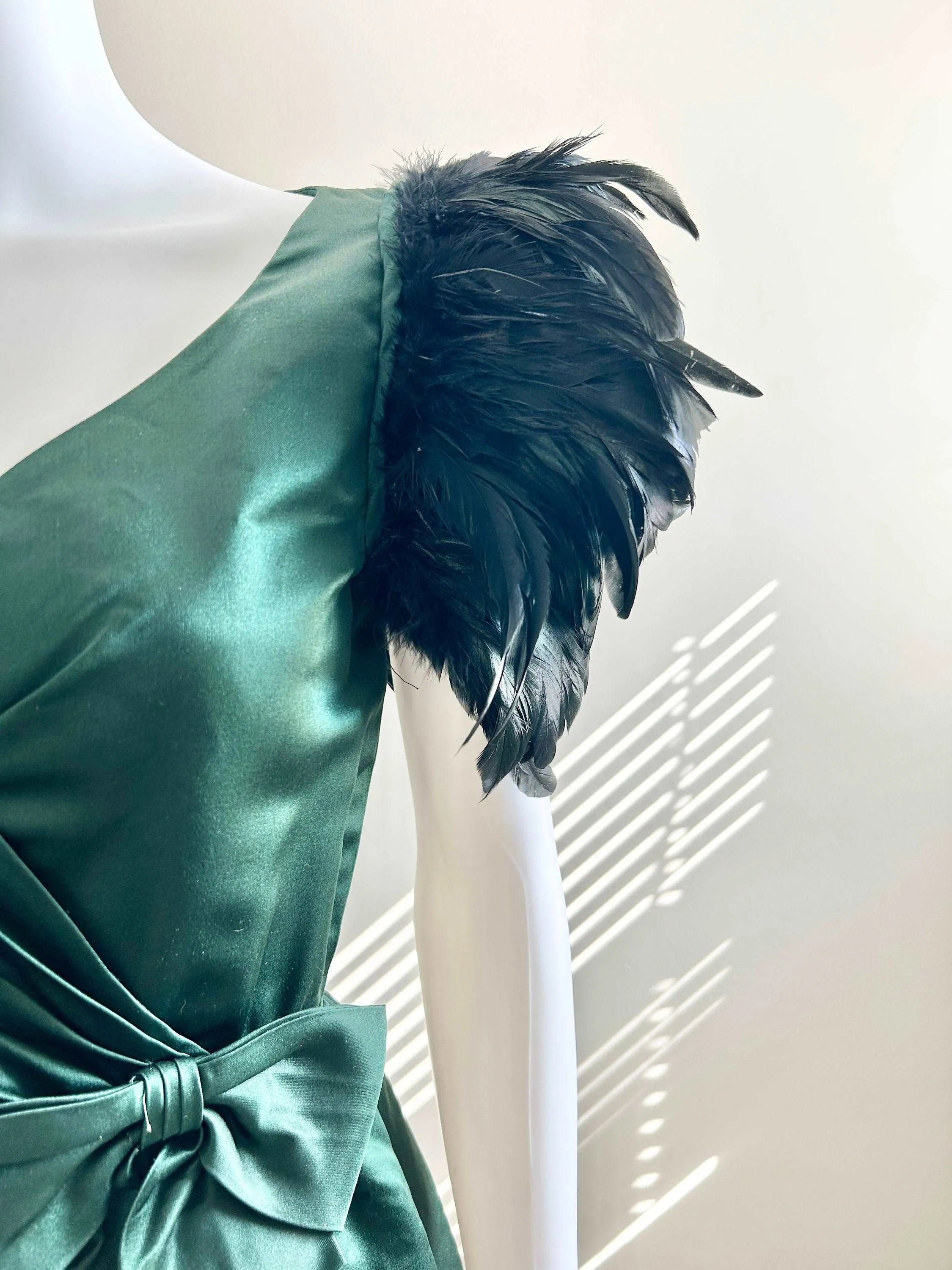 1970s Vintage Couture Green Satin Dress with Feathers / 70s formal dress / 70s Christmas dress / Size S
