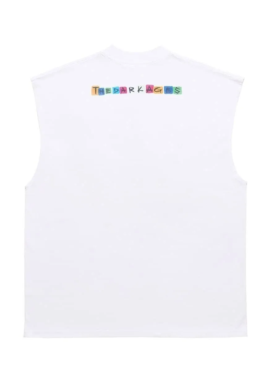 Graffiti print sleeveless t-shirt retro tank top surfer vest