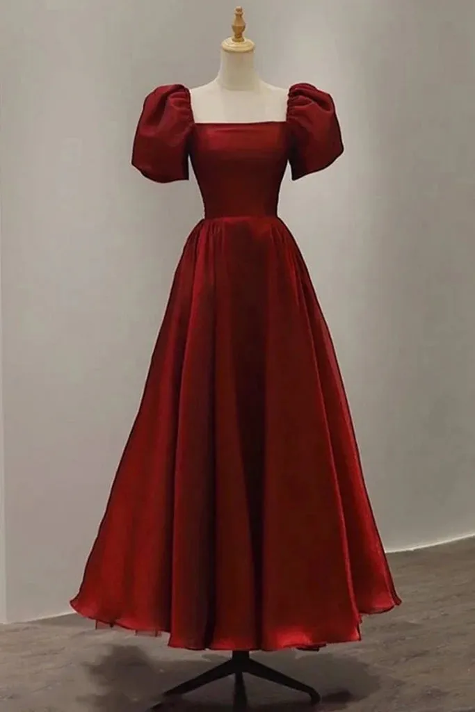 kamahe Burgundy A-line Satin Vintage Women Dresses Long Prom Dresses