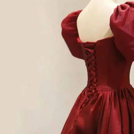 kamahe Burgundy A-line Satin Vintage Women Dresses Long Prom Dresses