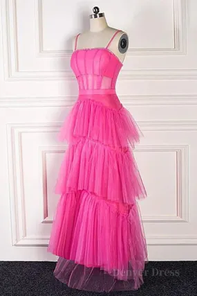 kamahe Hot Pink Long Tulle Prom Dresses, Hot Pink Long Tulle Formal Evening Dresses