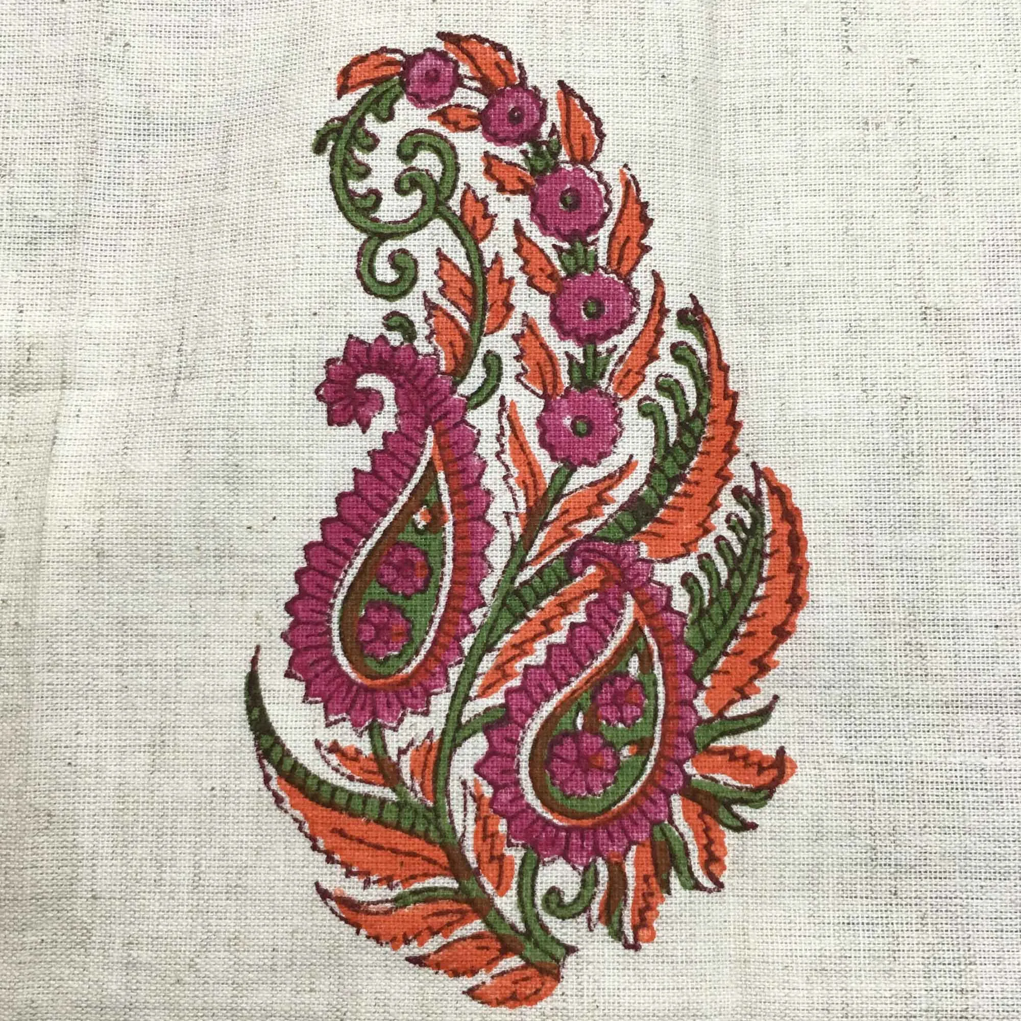 Off and White Fuschia Paisley Block Printed Cotton Fabric