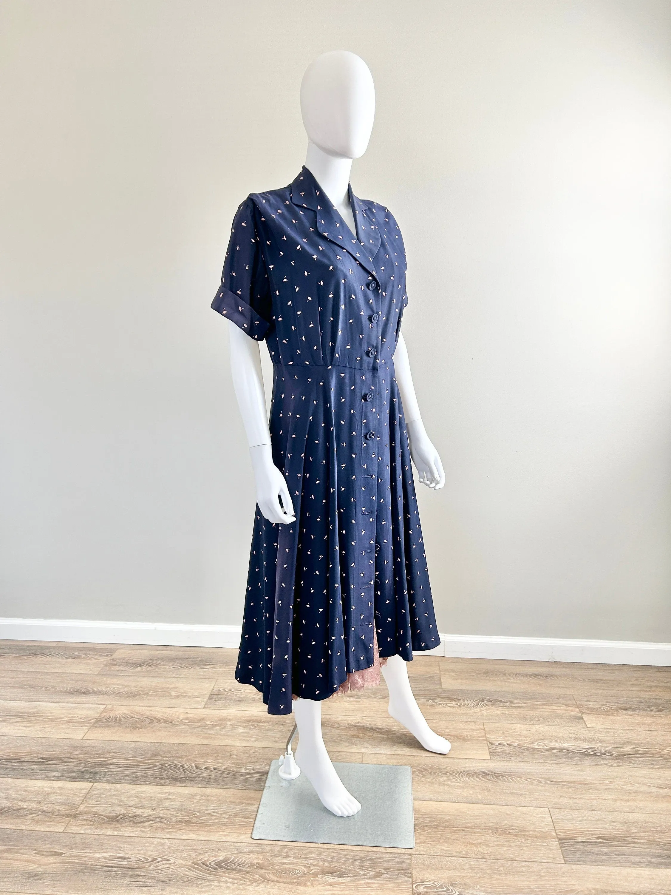 Vintage 1950s Navy Blue Floral Shirt Dress / 50s retro day dress / Size M L