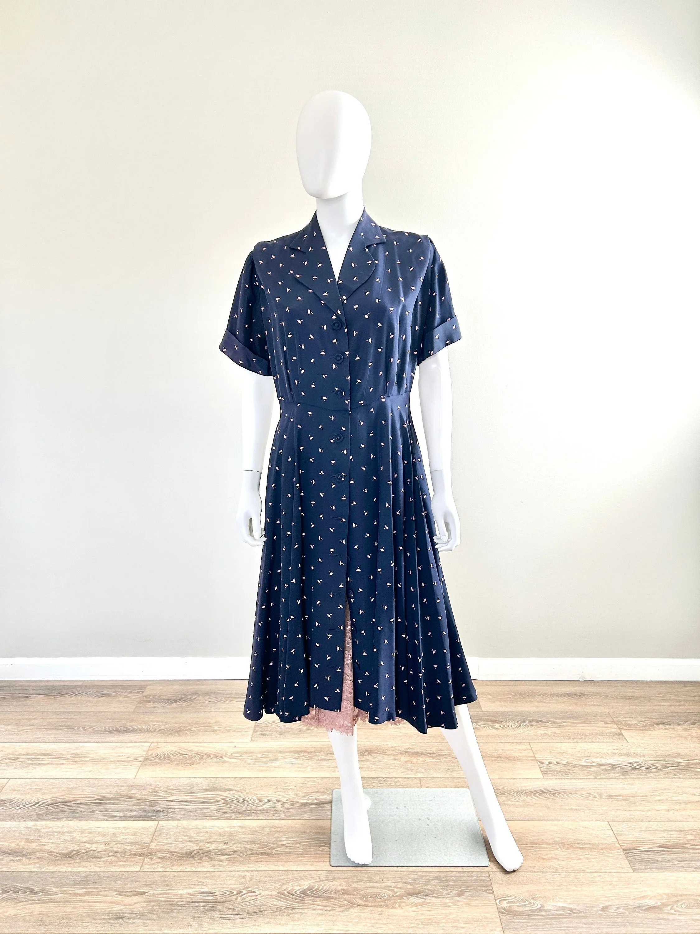 Vintage 1950s Navy Blue Floral Shirt Dress / 50s retro day dress / Size M L