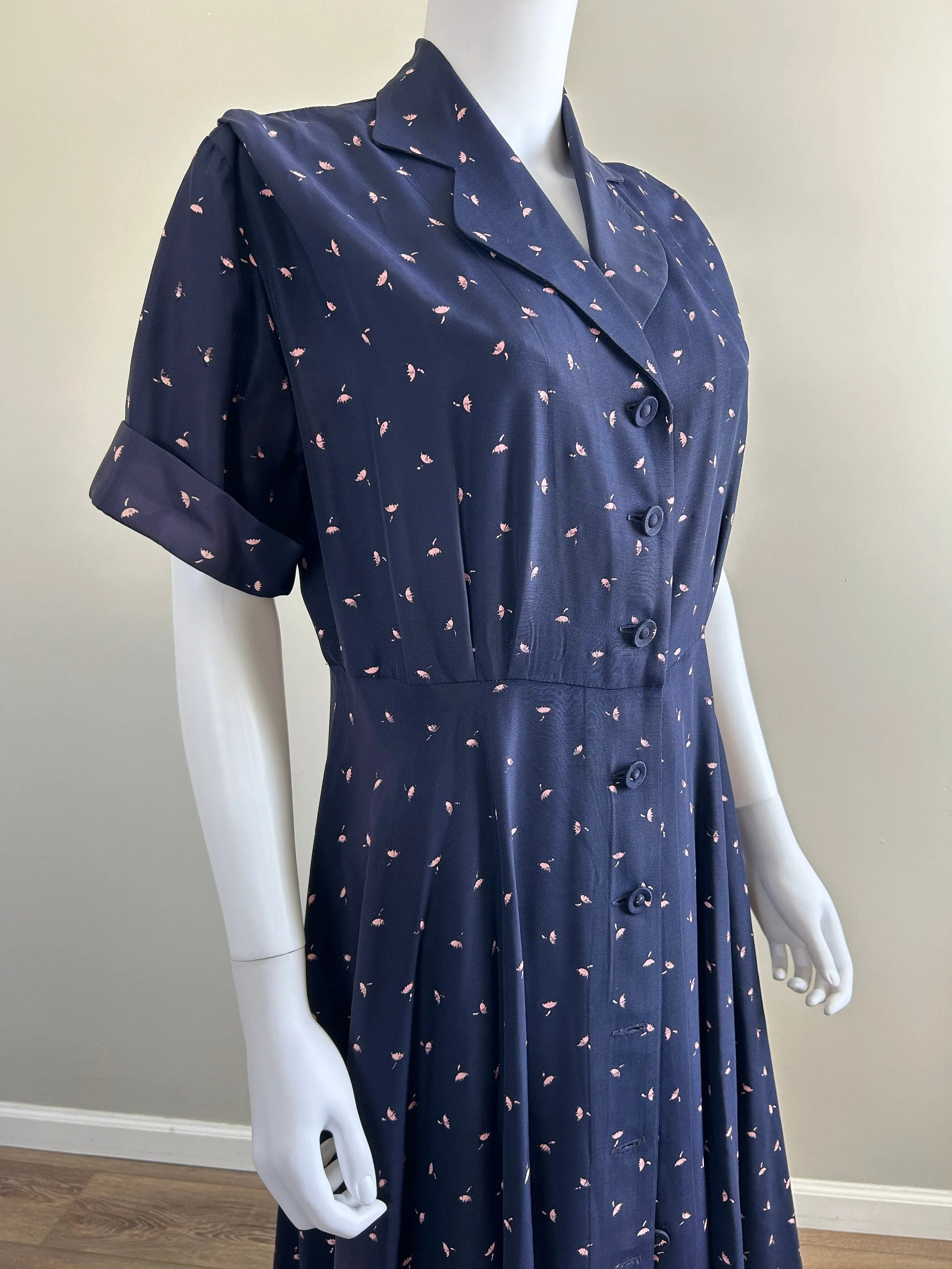 Vintage 1950s Navy Blue Floral Shirt Dress / 50s retro day dress / Size M L