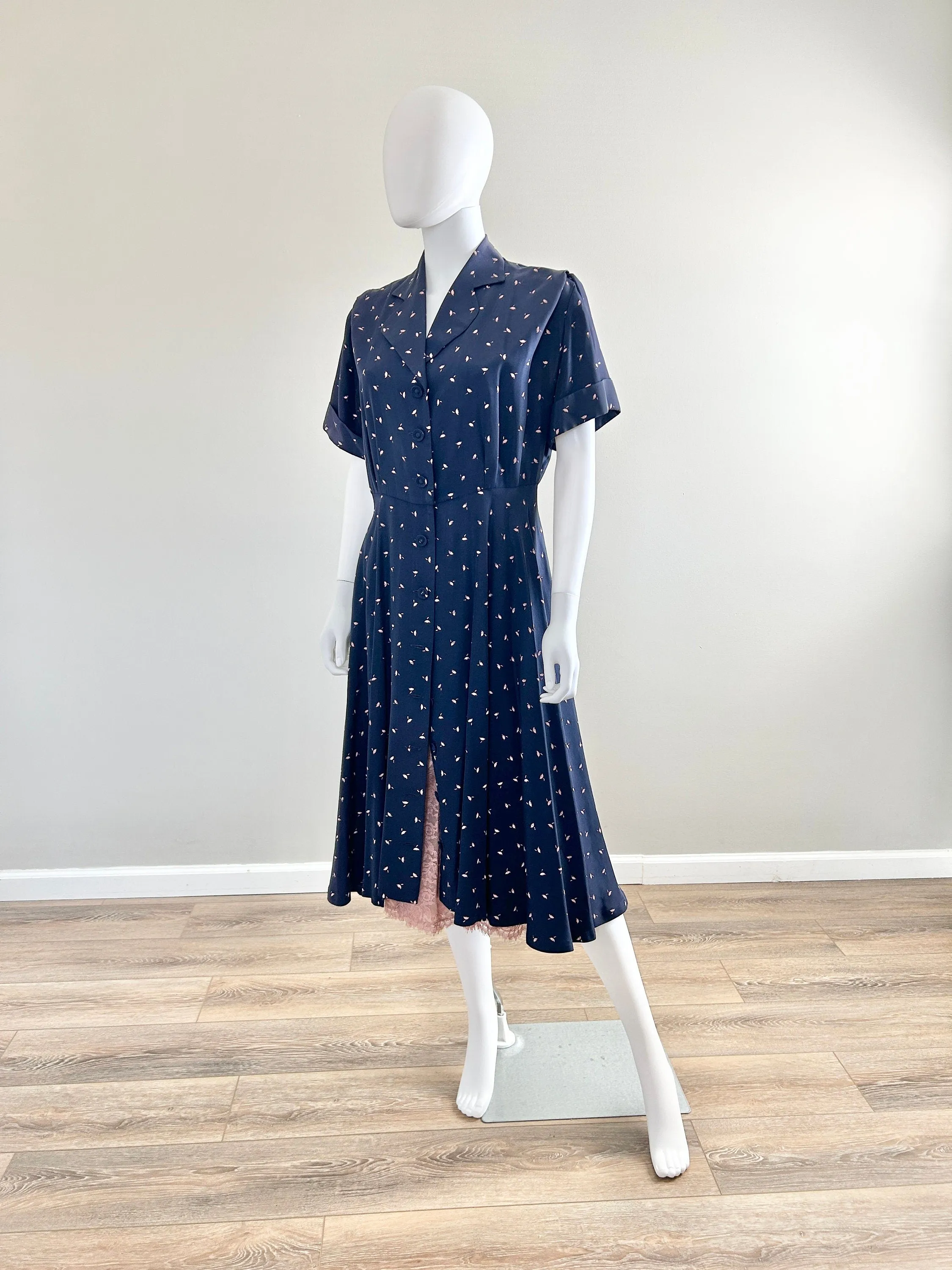 Vintage 1950s Navy Blue Floral Shirt Dress / 50s retro day dress / Size M L