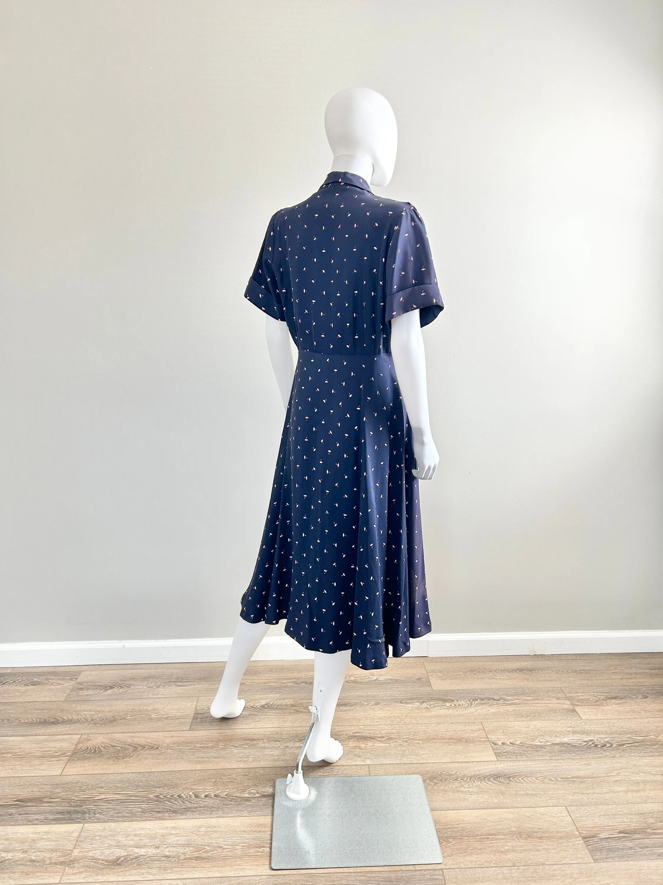 Vintage 1950s Navy Blue Floral Shirt Dress / 50s retro day dress / Size M L