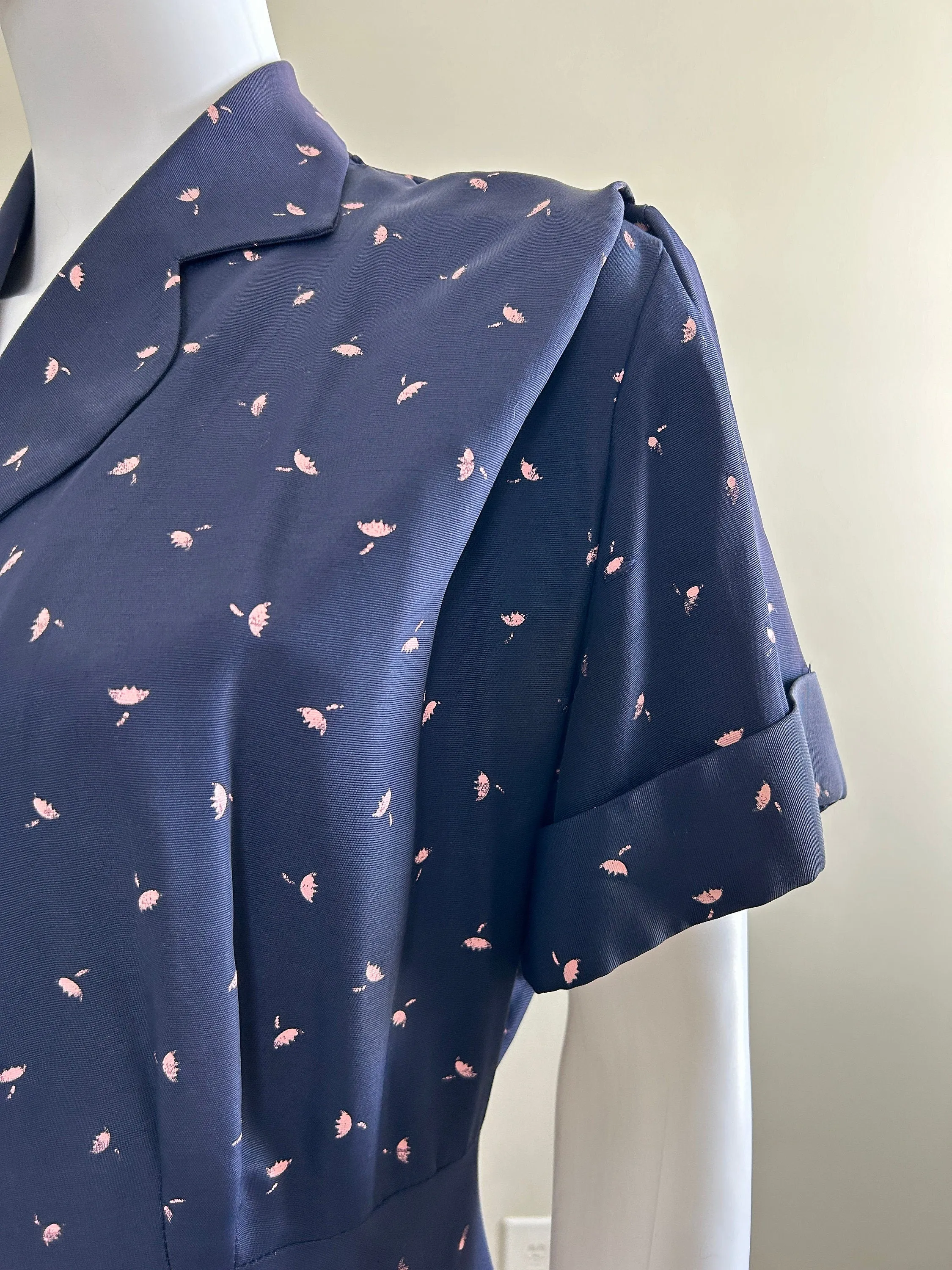 Vintage 1950s Navy Blue Floral Shirt Dress / 50s retro day dress / Size M L