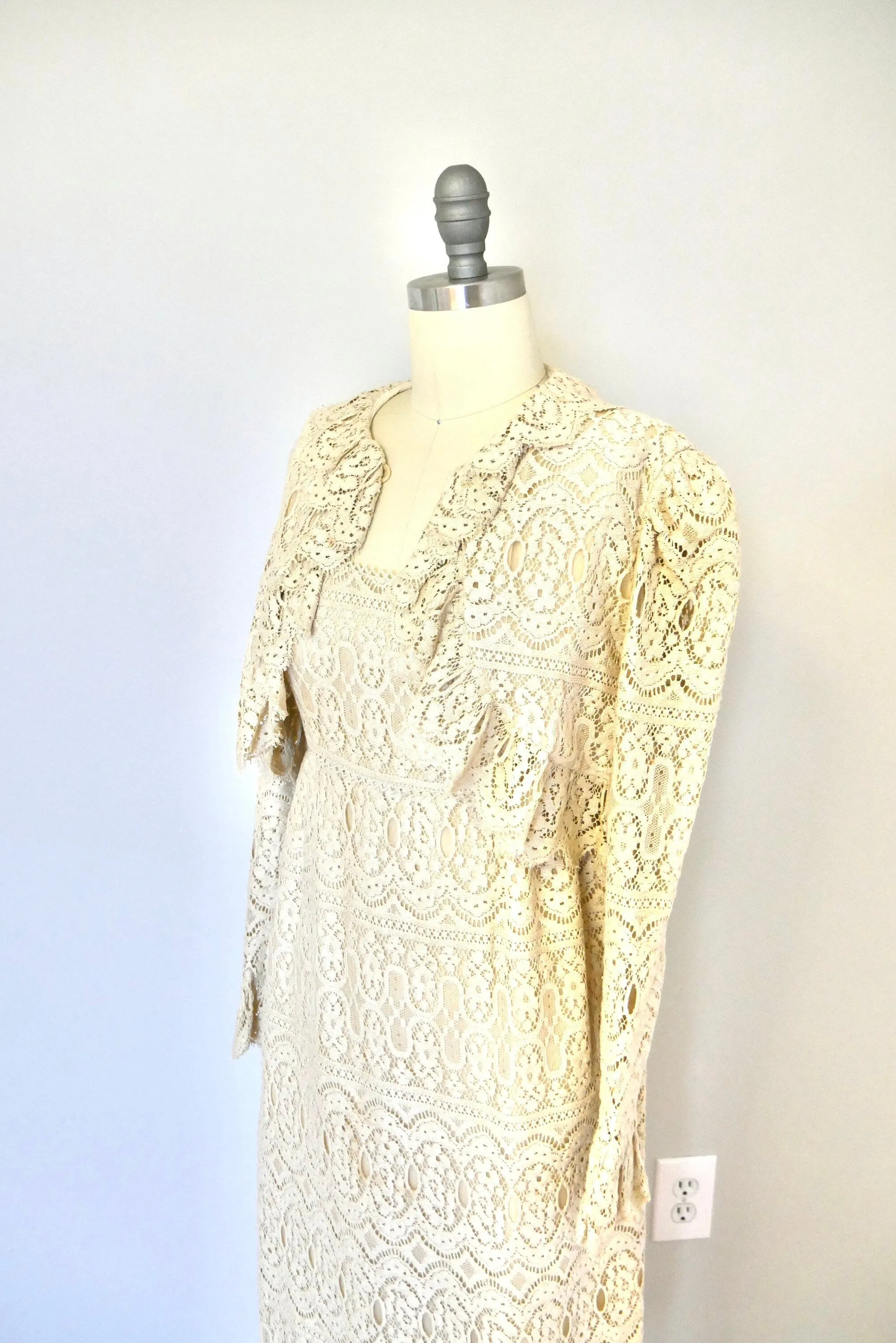 Vintage 1970s Lace Dress and Bolero Set / Boho Gunne Sax Style Victorian revival Size S