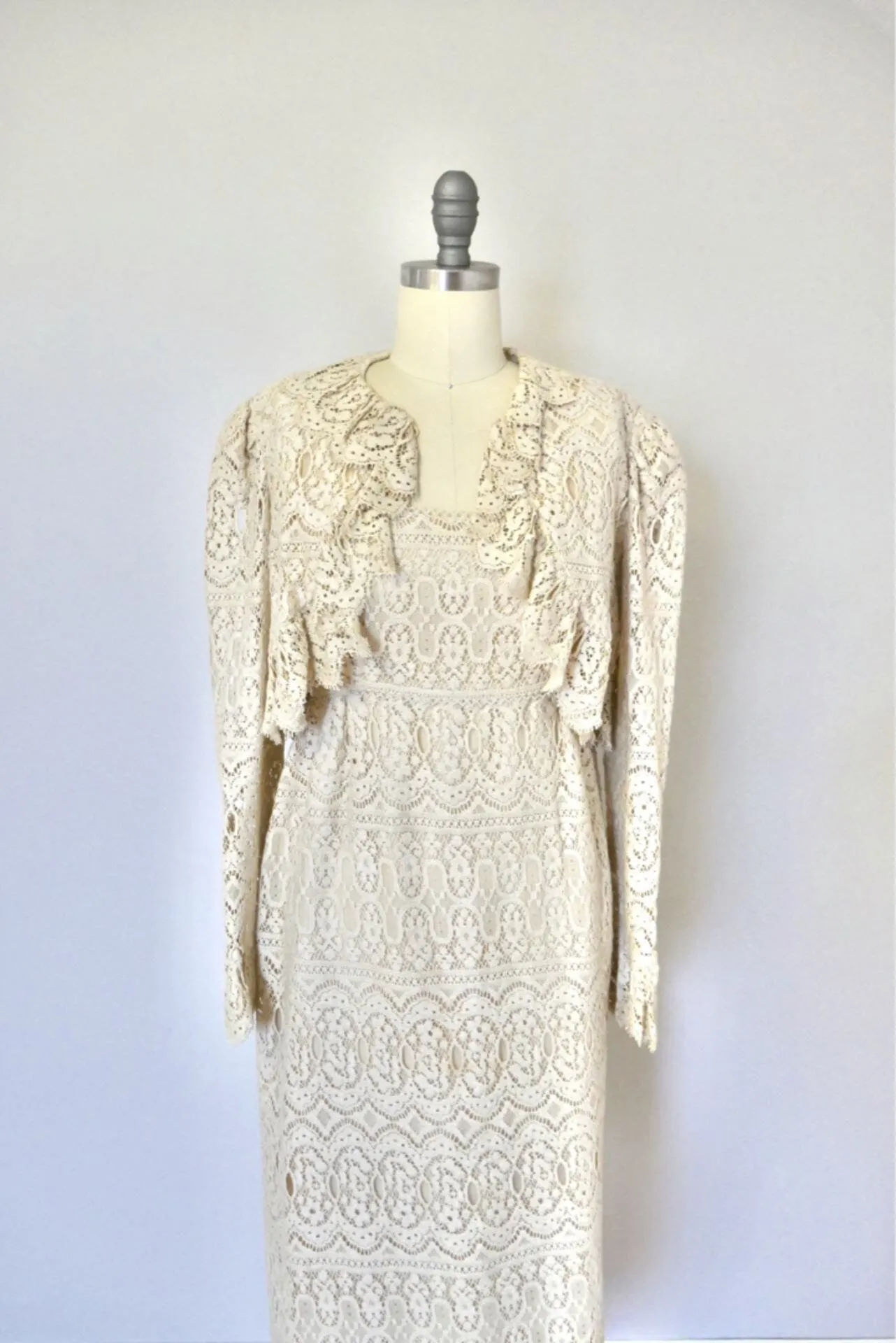 Vintage 1970s Lace Dress and Bolero Set / Boho Gunne Sax Style Victorian revival Size S