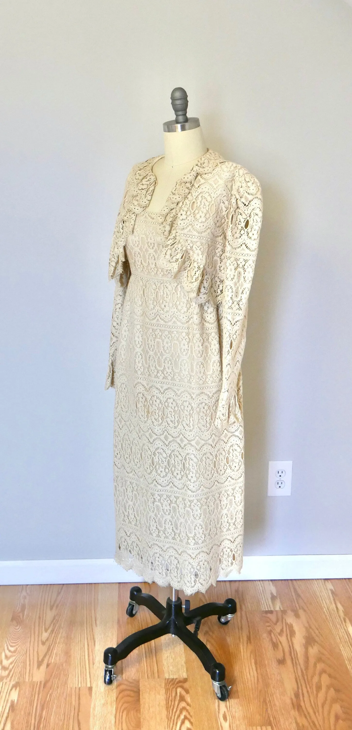 Vintage 1970s Lace Dress and Bolero Set / Boho Gunne Sax Style Victorian revival Size S