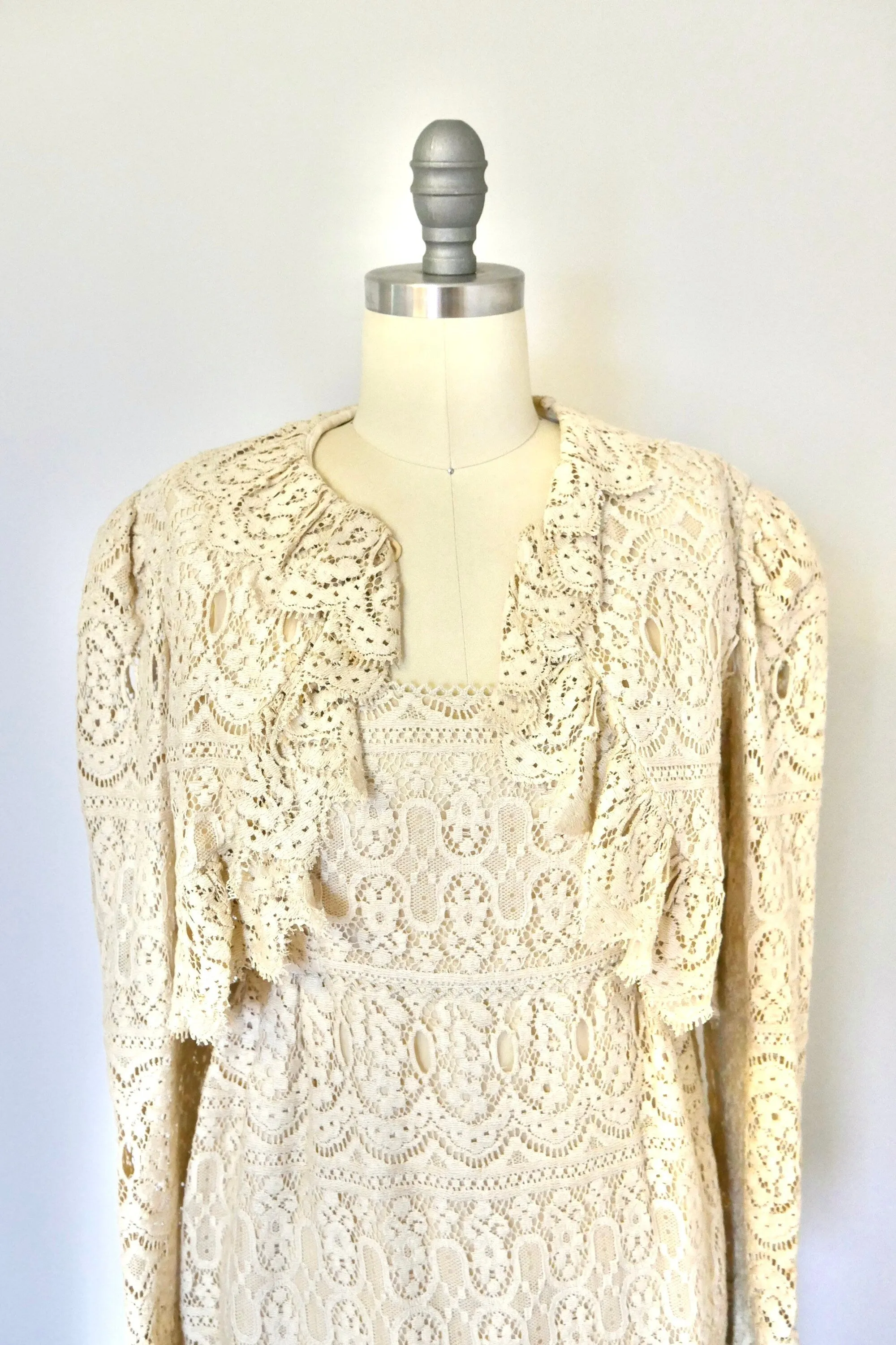 Vintage 1970s Lace Dress and Bolero Set / Boho Gunne Sax Style Victorian revival Size S