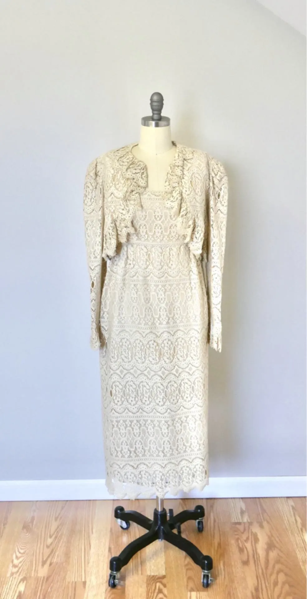 Vintage 1970s Lace Dress and Bolero Set / Boho Gunne Sax Style Victorian revival Size S